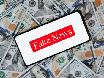 Celular com a frase fake news, em cima de uma pilha de dinheiro