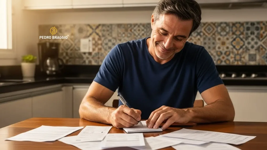 Imagem de um homem brasileiro feliz organizando suas contas após uma consultoria financeira com pedro braggio em 2026